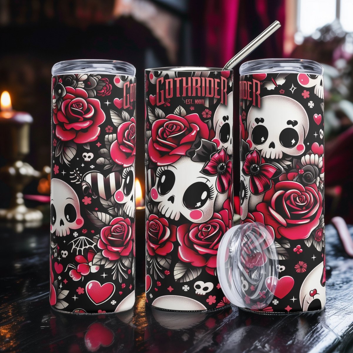 Skull Sweetheart Skinny Tumbler 20 oz - GothRider Brand
