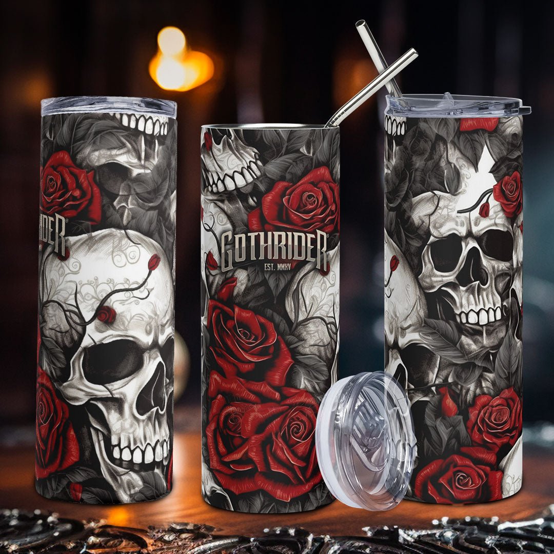 Skulls & Roses Skinny Tumbler - GothRider Brand